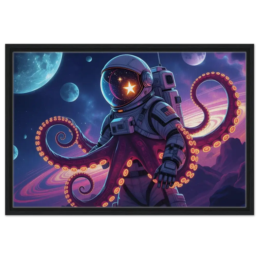 Framed Canvas Space Octonaut featuring an astronaut with octopus tentacles in deep space