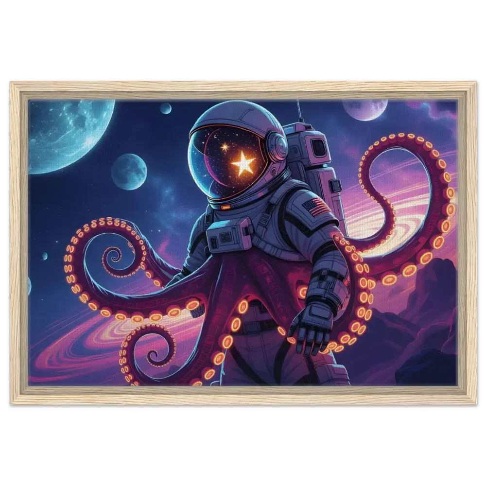 Framed astronaut octopus artwork on canvas for space-themed decor at PixiOnyx Hybrid Deep-Space Drop