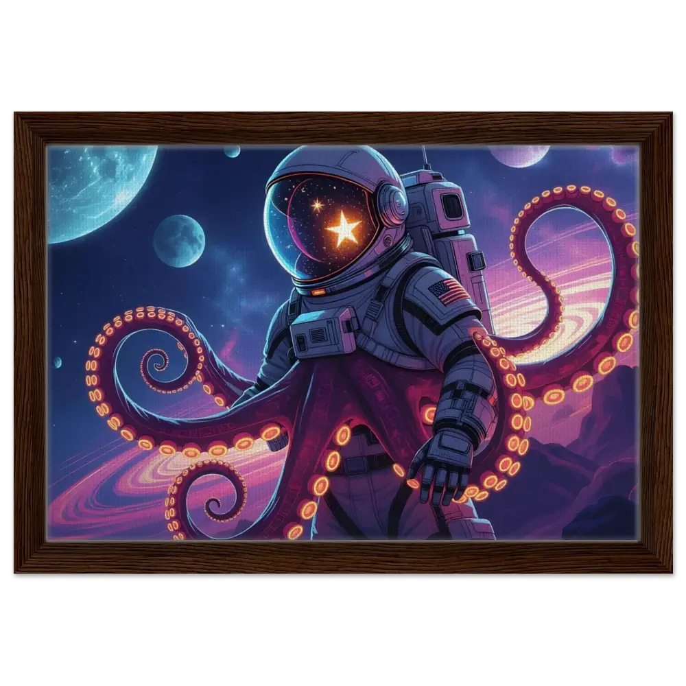Framed astronaut octopus artwork on canvas in Space Octonaut design from PixiOnyx Hybrid Deep-Space Drop
