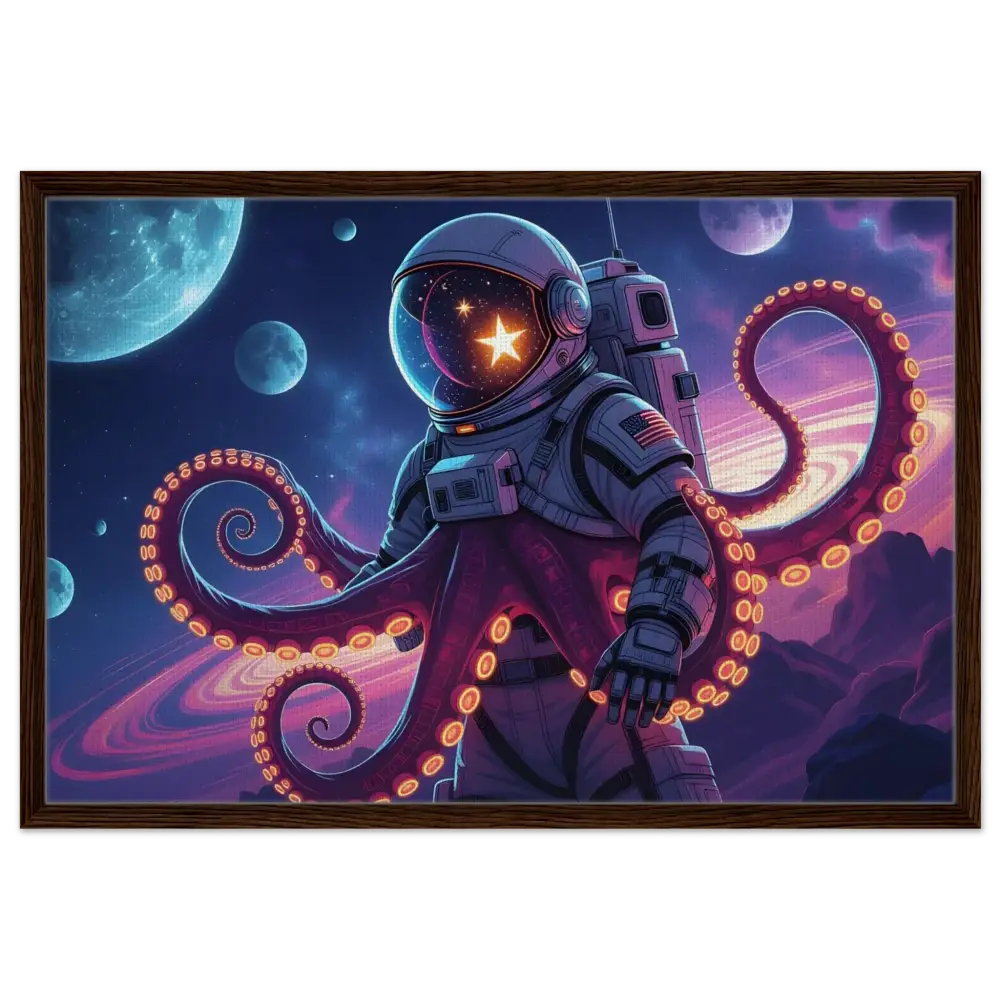 Framed astronaut octopus art on canvas in Space Octonaut design by PixiOnyx Hybrid Deep-Space Drop