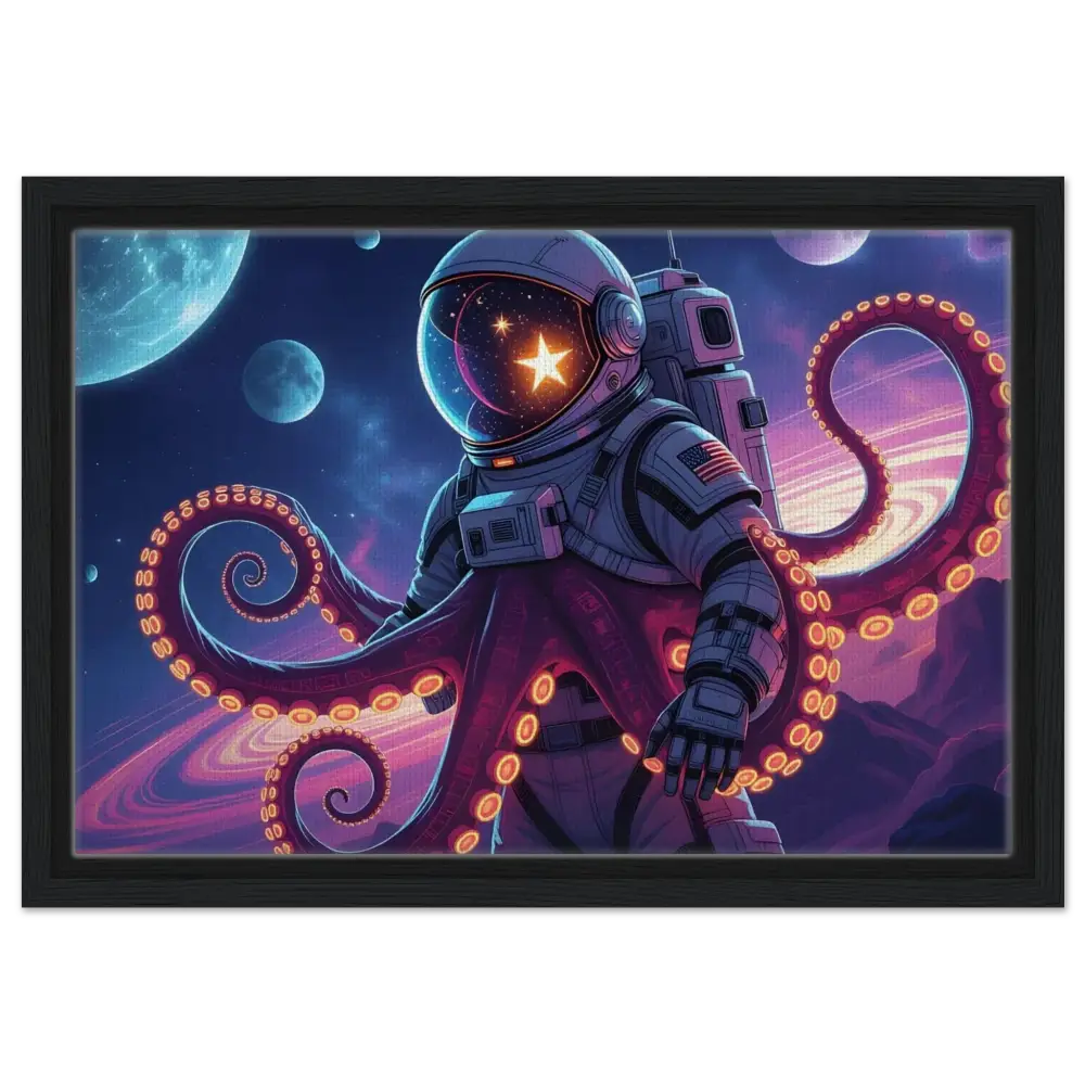 Framed astronaut octopus artwork on canvas from PixiOnyx Hybrid Deep-Space Drop
