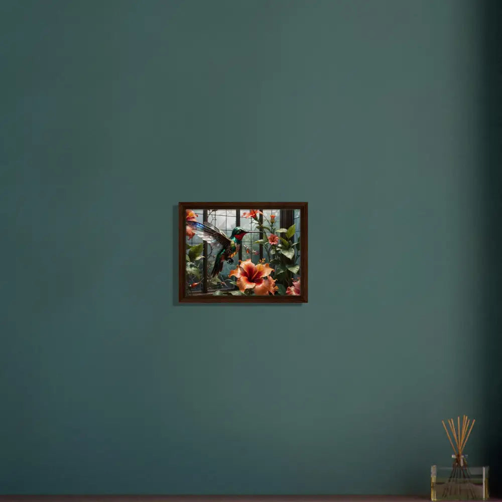 Framed Steampunk Hummingbird and Hibiscus Nature Artwork for Botanical Decor