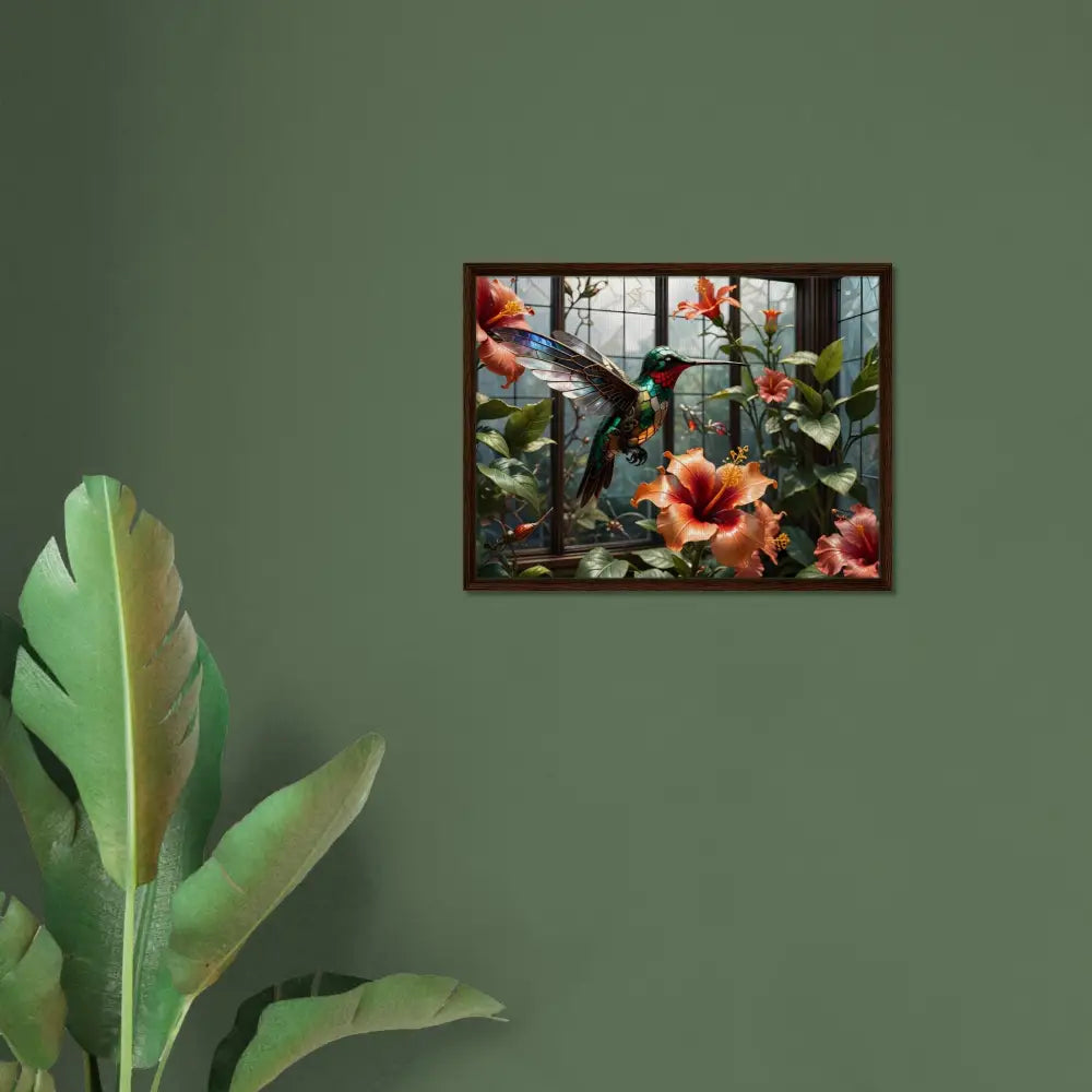 Framed hummingbird and hibiscus artwork for Steampunk Hummingbird Nature Decor display