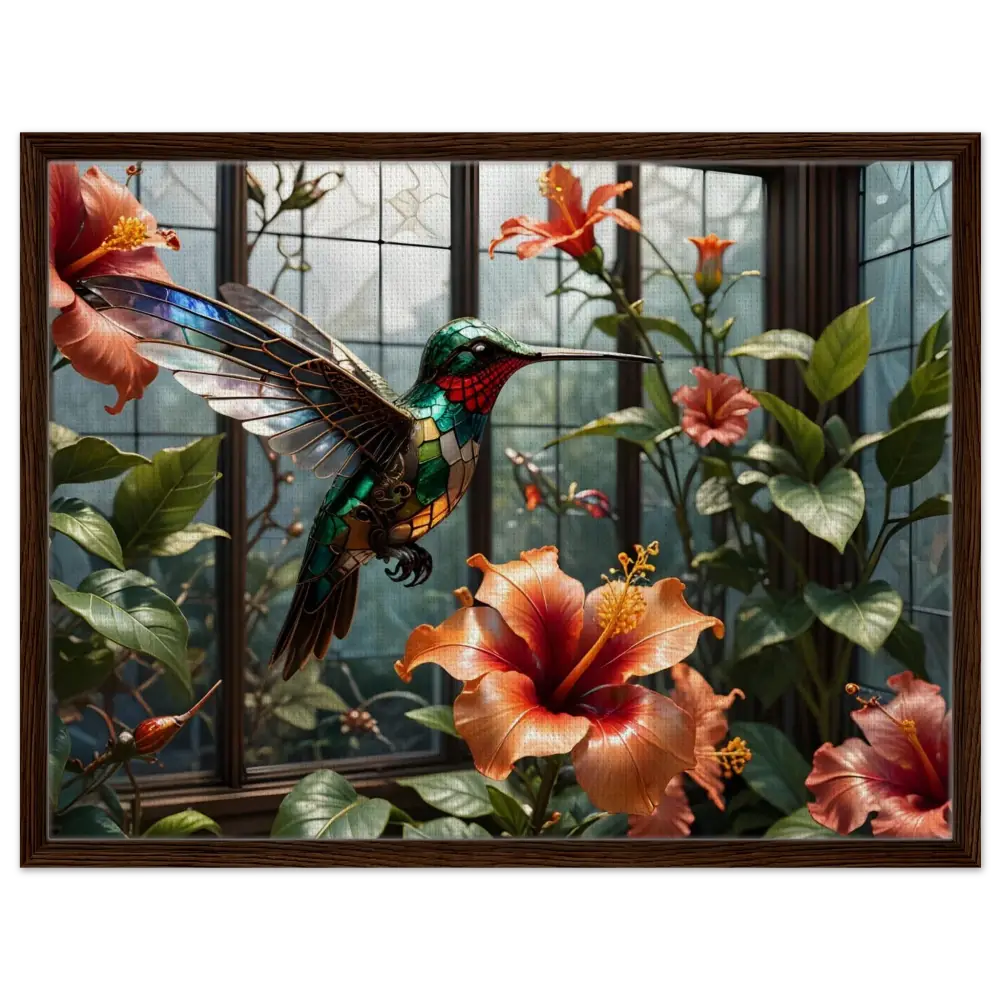 Stained glass hummingbird and hibiscus artwork on framed canvas for Steampunk Nature Decor