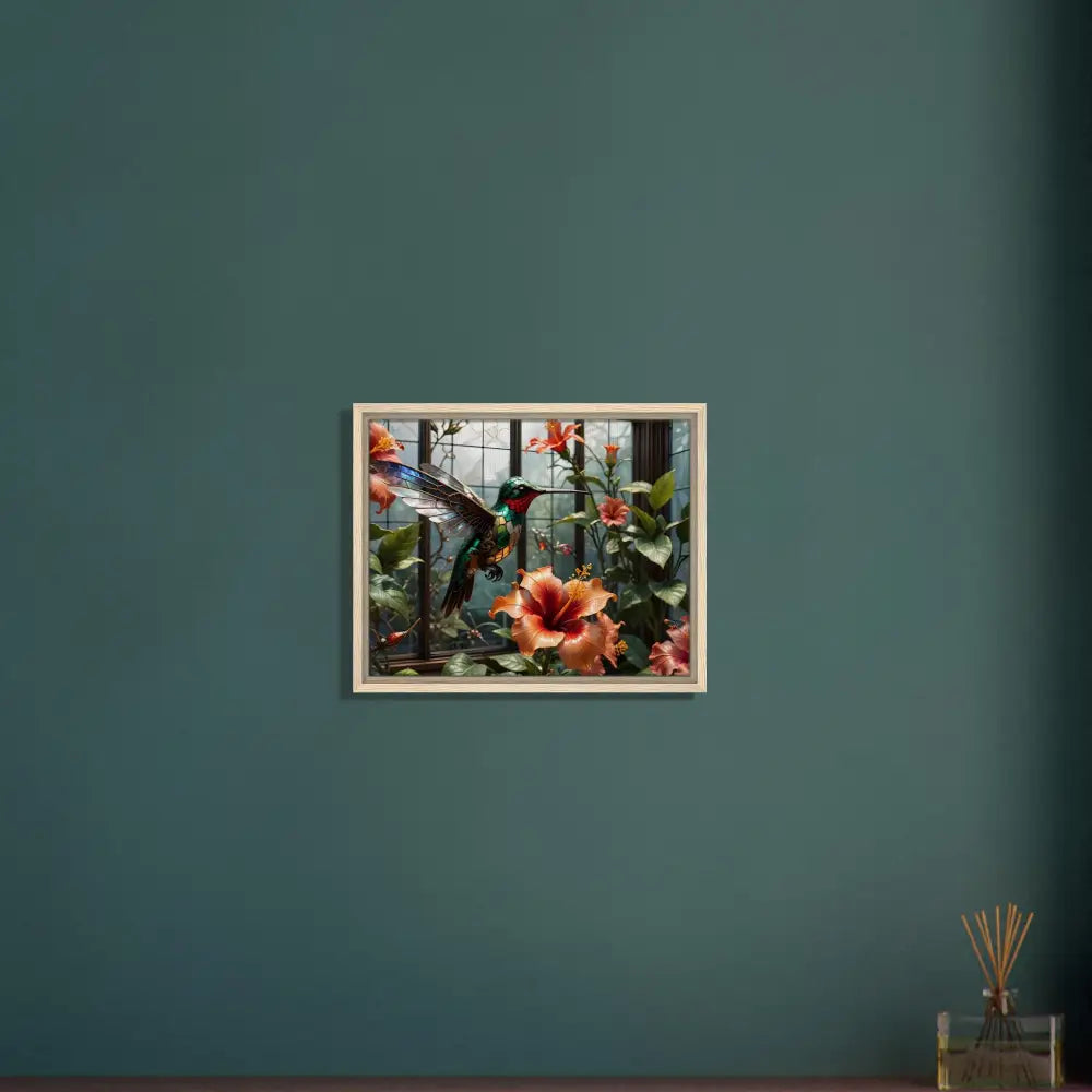 Framed Canvas artwork featuring a hummingbird and hibiscus flower for nature decor