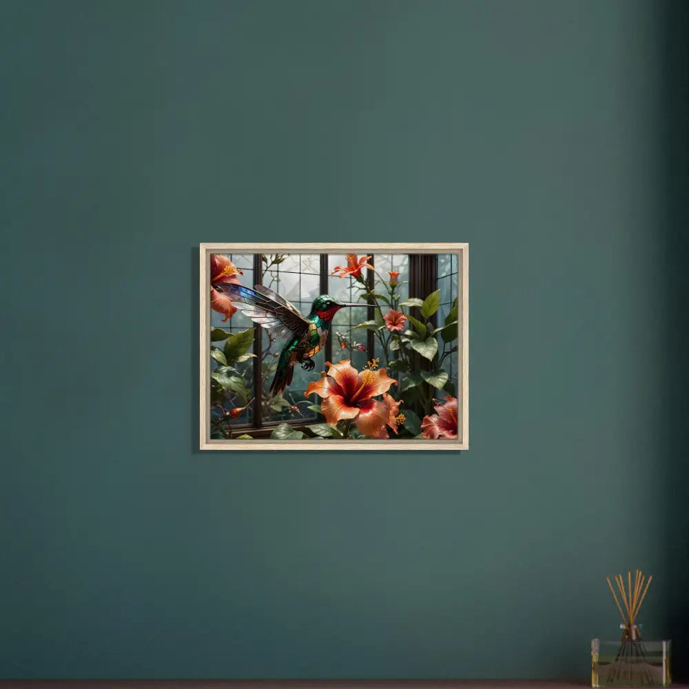 Framed hummingbird and hibiscus artwork from PixiOnyx Steampunk Nature Decor collection