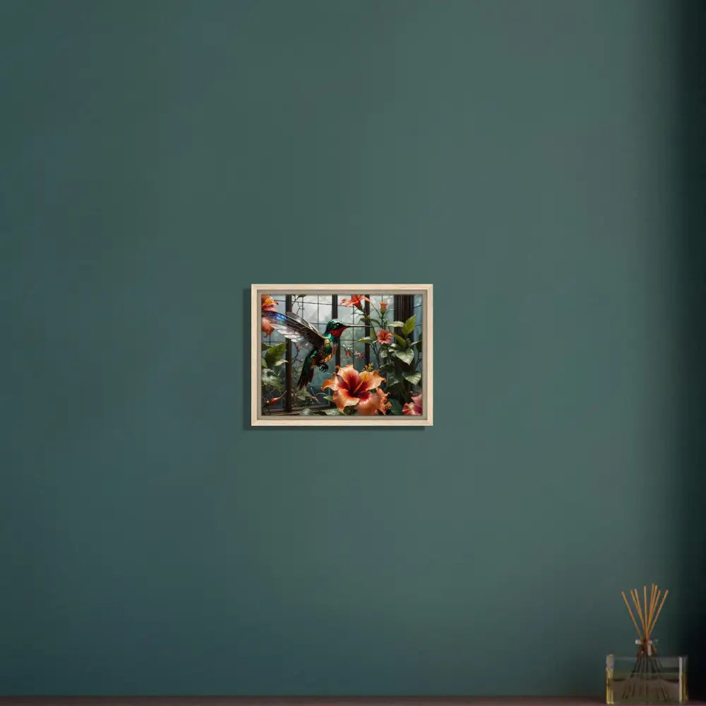 Framed canvas featuring hummingbird and hibiscus botanical artwork for Steampunk Nature Decor