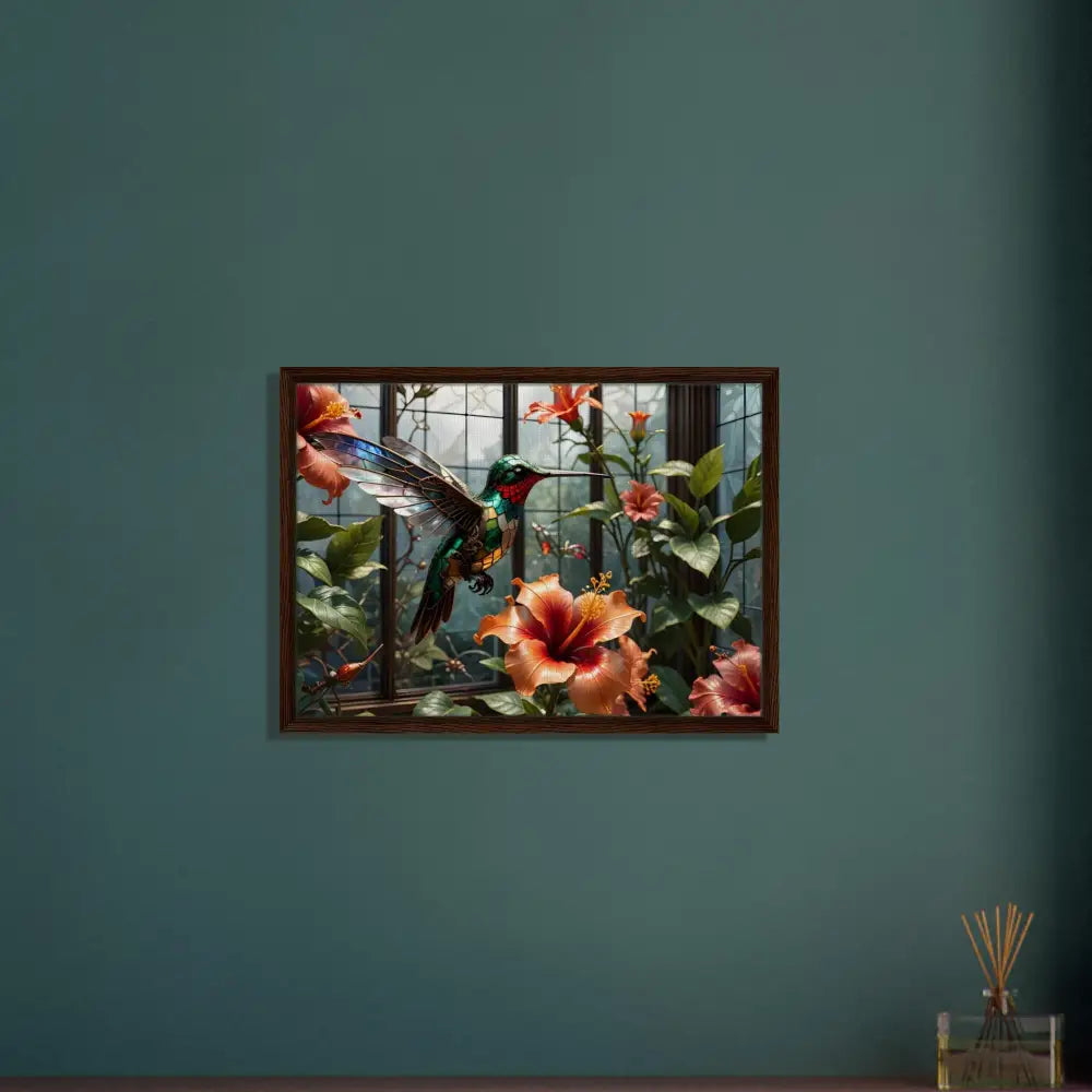 Framed hummingbird and hibiscus botanical artwork for Steampunk Nature Decor on PixiOnyx
