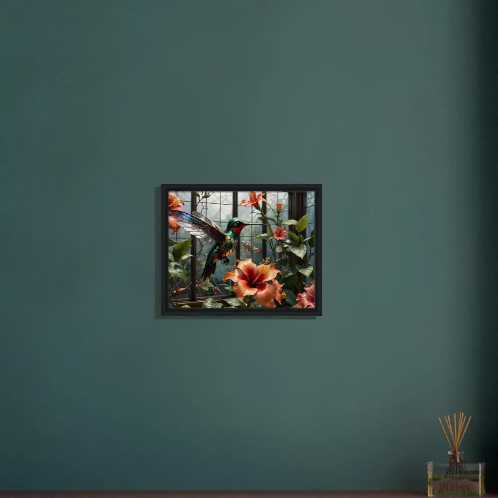 Framed hummingbird and hibiscus artwork on PixiOnyx Botanical Glitchpiece Canvas