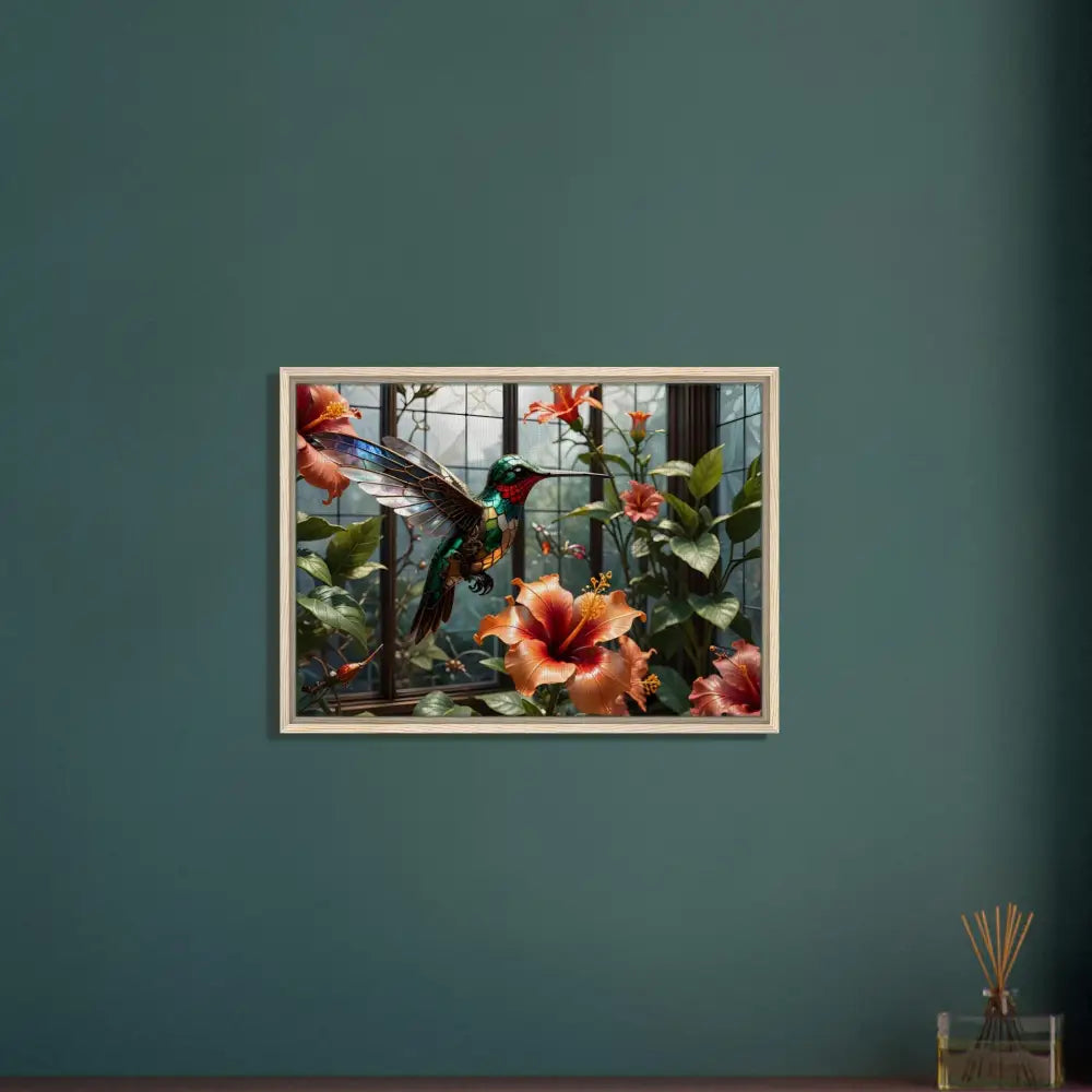 Framed Canvas featuring a Steampunk Hummingbird and Hibiscus Nature Decor | PixiOnyx Botanical Glitchpiece