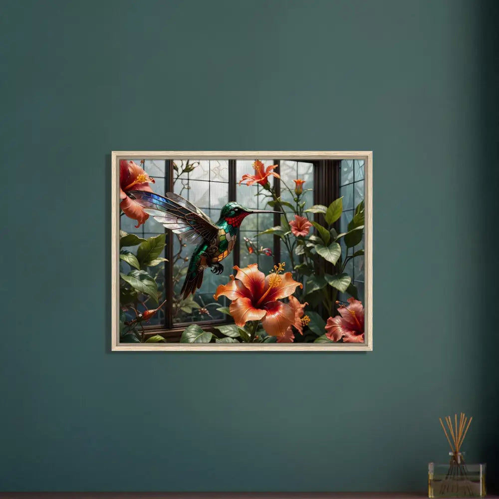 Framed hummingbird and hibiscus artwork on PixiOnyx Botanical Glitchpiece Canvas