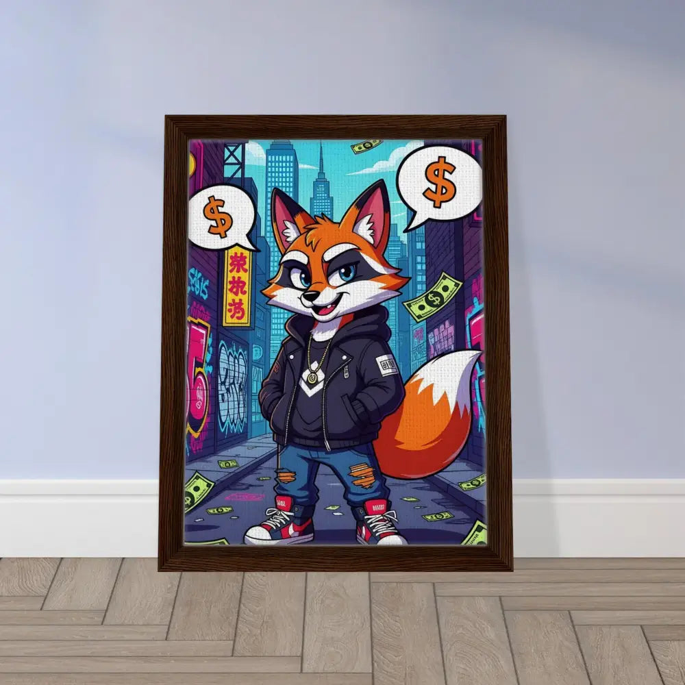 Framed cartoon fox art on canvas for Street Hustle Fox PixiOnyx Alley King decor