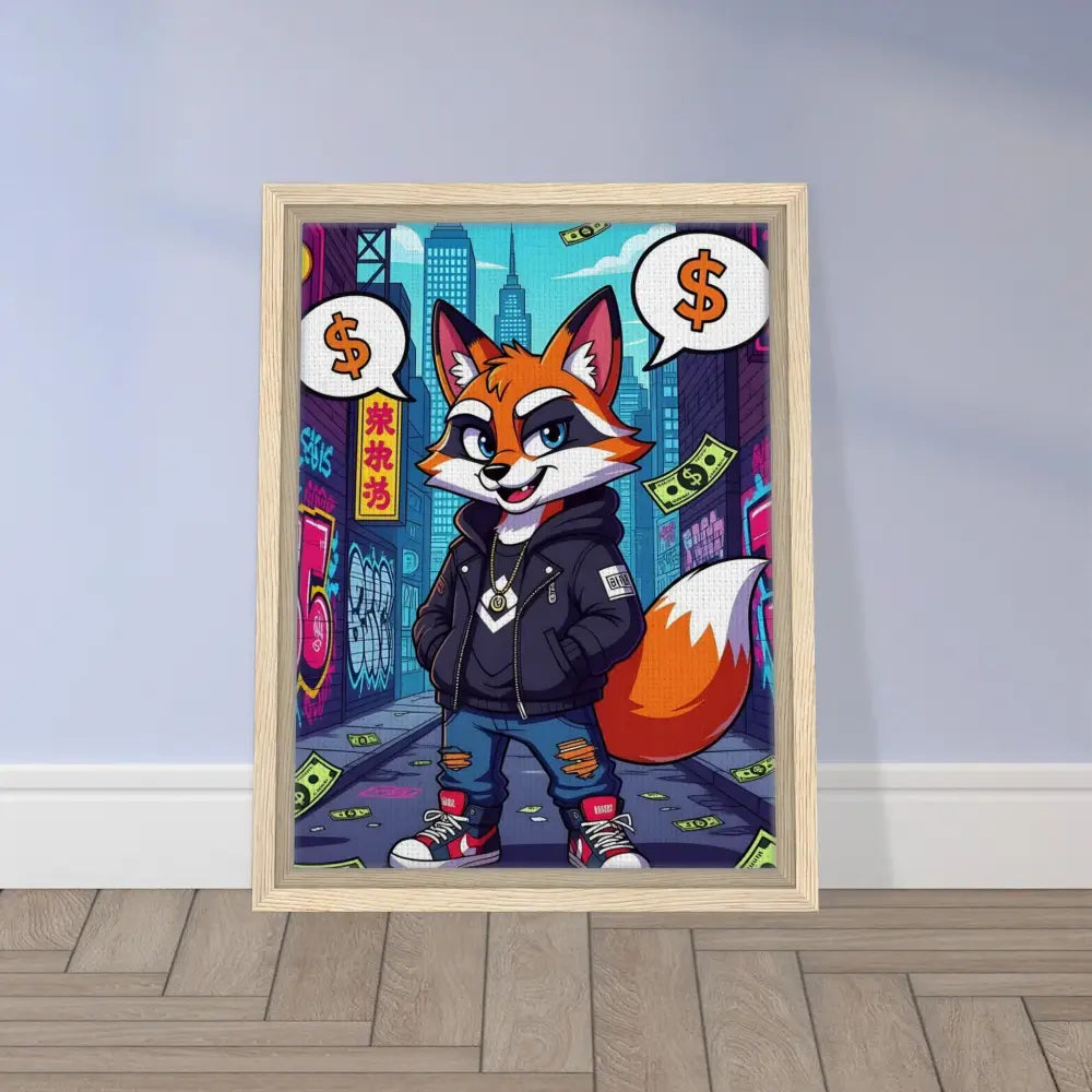 Framed Cartoon Fox Art on Canvas for Street Hustle Fox PixiOnyx Alley King Display