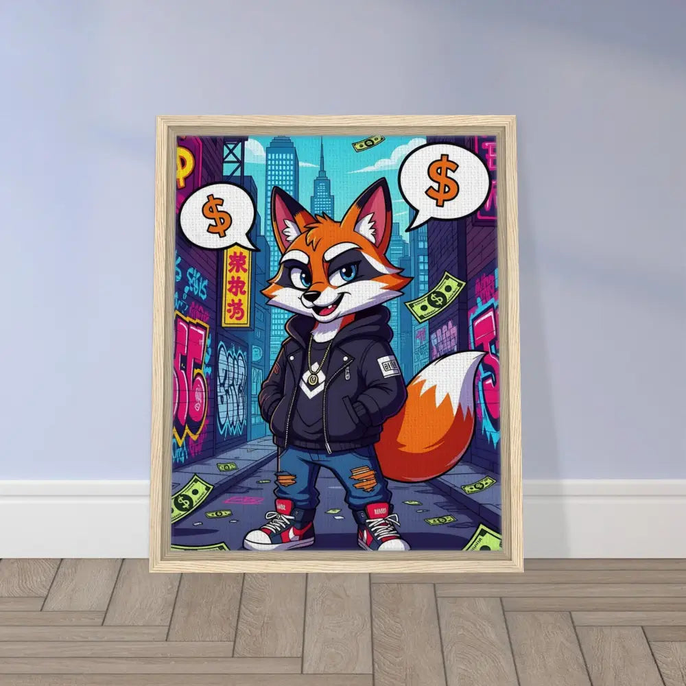 Framed cartoon fox artwork displayed on PixiOnyx Alley King Canvas titled Street Hustle Fox
