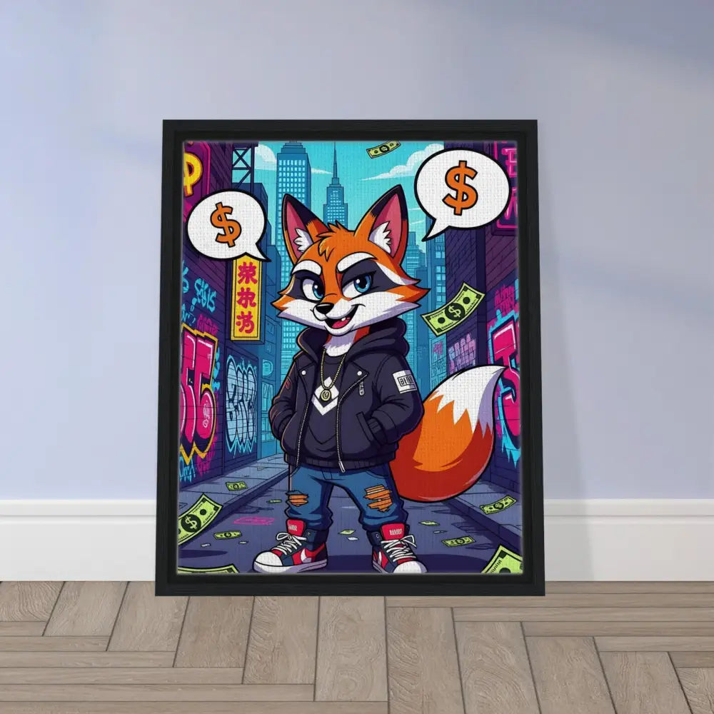 Framed cartoon fox art on canvas titled Street Hustle Fox by PixiOnyx Alley King