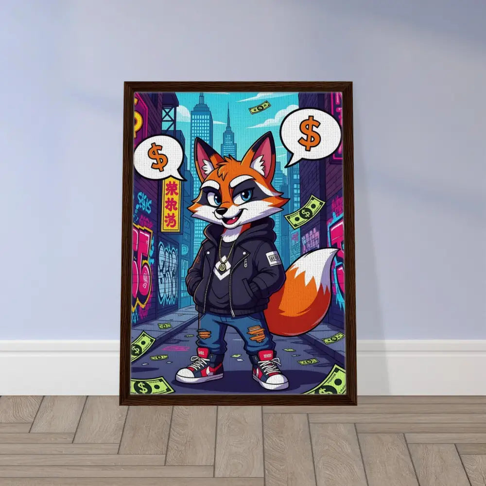 Framed cartoon fox artwork from PixiOnyx Alley King called Street Hustle Fox