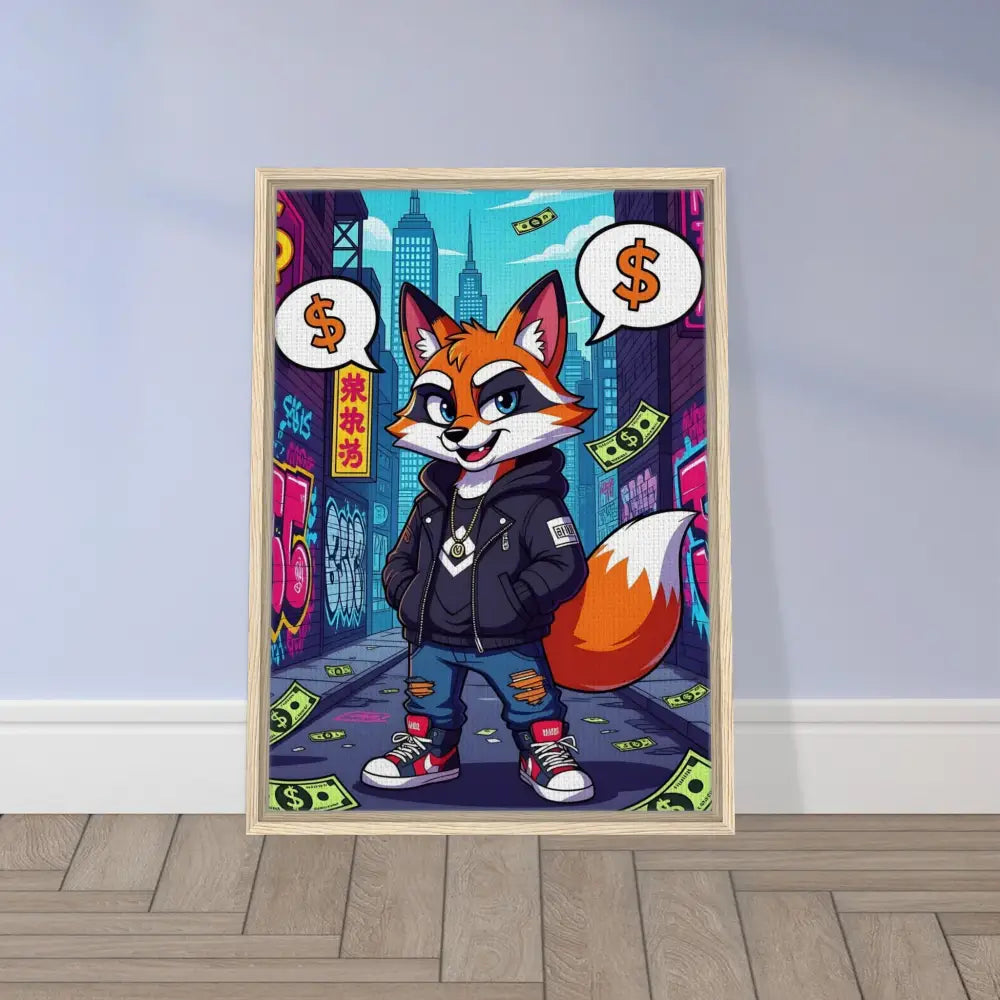 Framed cartoon Fox art on canvas for Street Hustle Fox PixiOnyx Alley King display