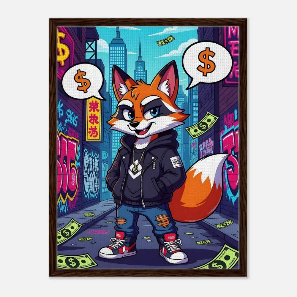 Framed cartoon Fox in streetwear displayed on PixiOnyx Alley King Canvas
