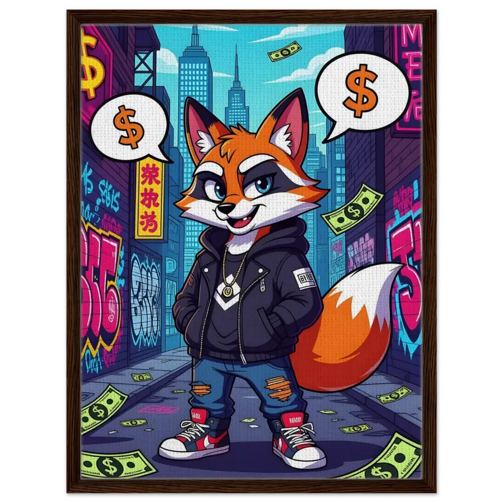 Urban fox cartoon in a frame for Framed Canvas Street Hustle Fox PixiOnyx Alley King
