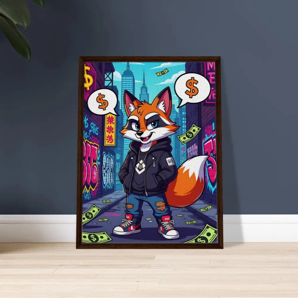 Framed Cartoon Fox Art on Canvas for Street Hustle Fox PixiOnyx Alley King display