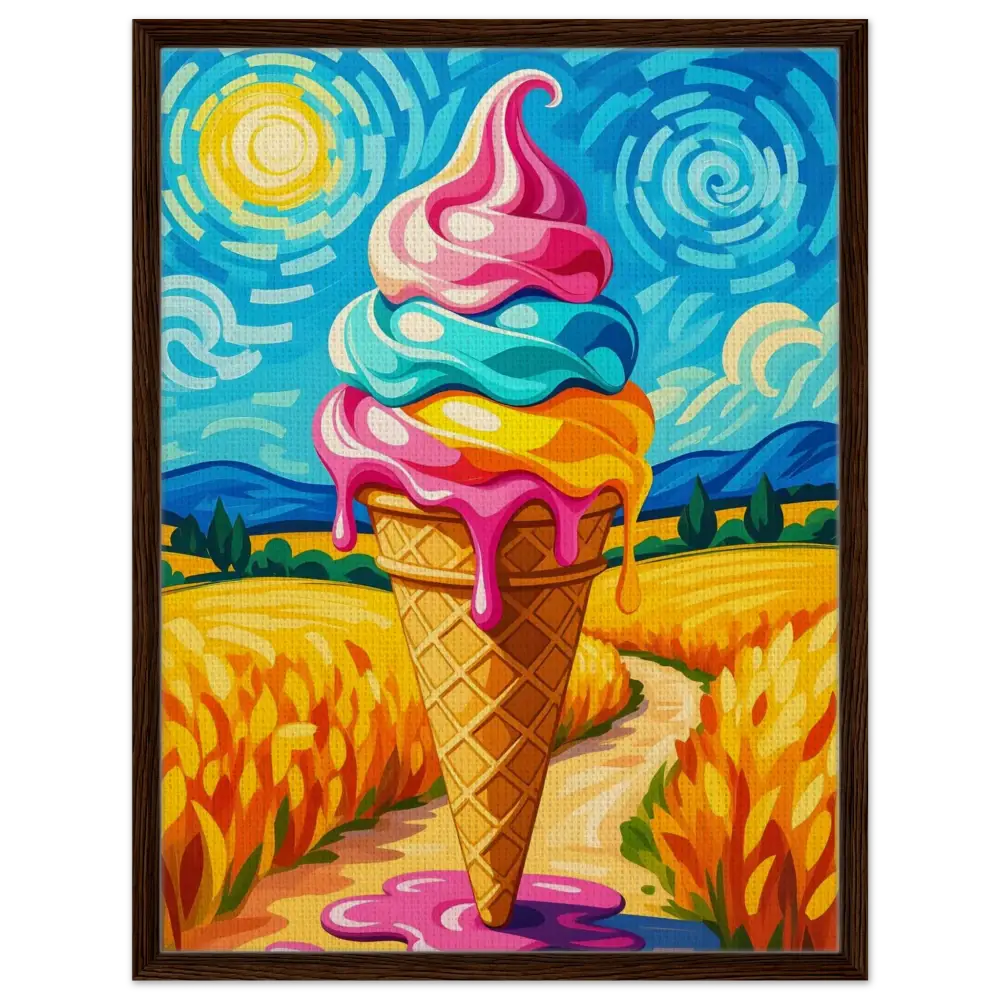 Colorful ice cream cone painting on framed canvas titled Sunlit Swirl of Pastoral Chaos