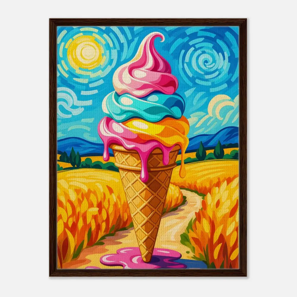 Colorful melting ice cream cone artwork on Framed Canvas Sunlit Swirl of Pastoral Chaos