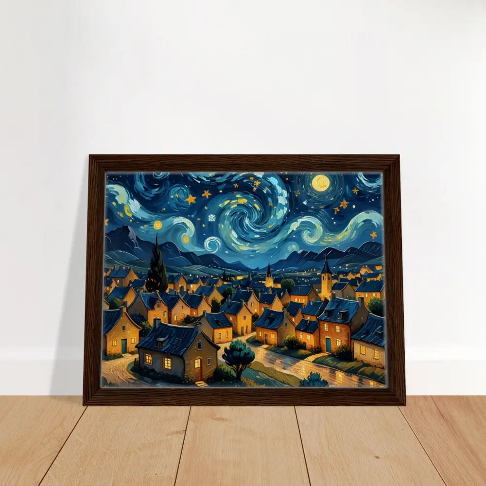 Framed starry night village painting on PixiOnyx Dreamscape Canvas