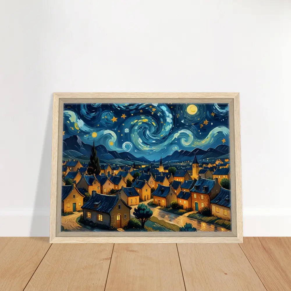 Framed starry night village painting on Swirly Sky Village PixiOnyx Dreamscape Canvas