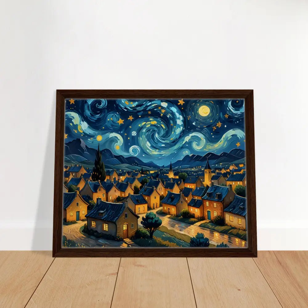 Framed starry night village artwork on PixiOnyx Dreamscape Canvas
