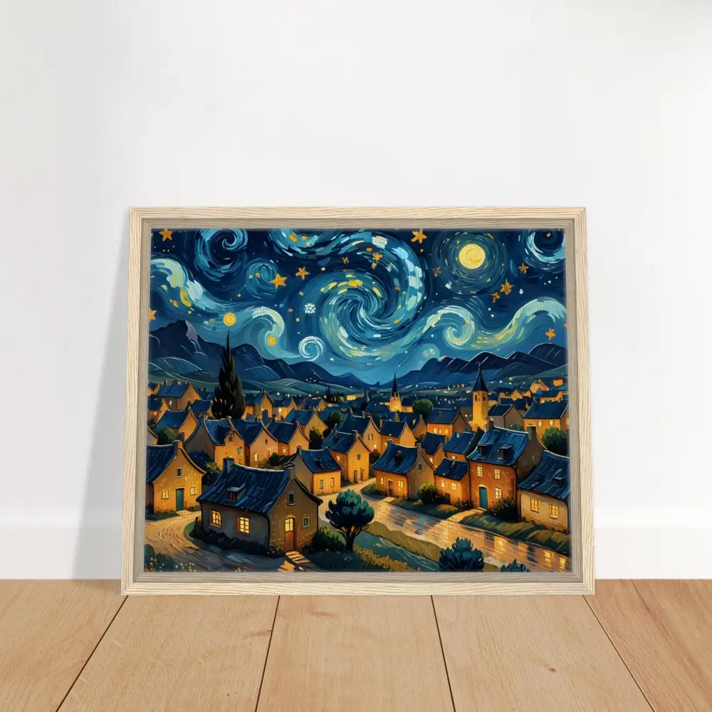 Framed Van Gogh-style village painting on PixiOnyx Dreamscape Canvas