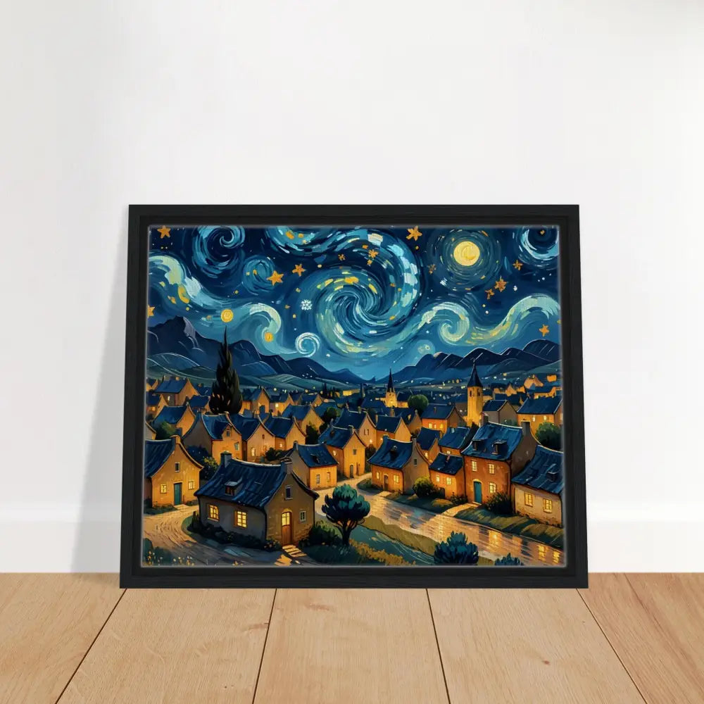 Framed starry night village painting on PixiOnyx Dreamscape Canvas