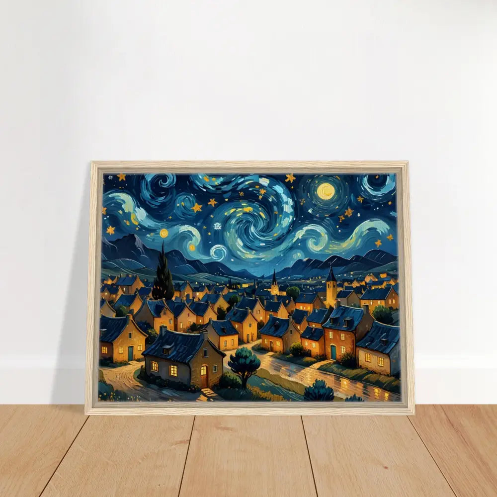 Framed starry night village painting on Swirly Sky Village PixiOnyx Dreamscape Canvas