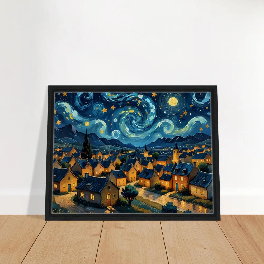 Framed starry night village painting on PixiOnyx Dreamscape Canvas showcasing a swirly sky