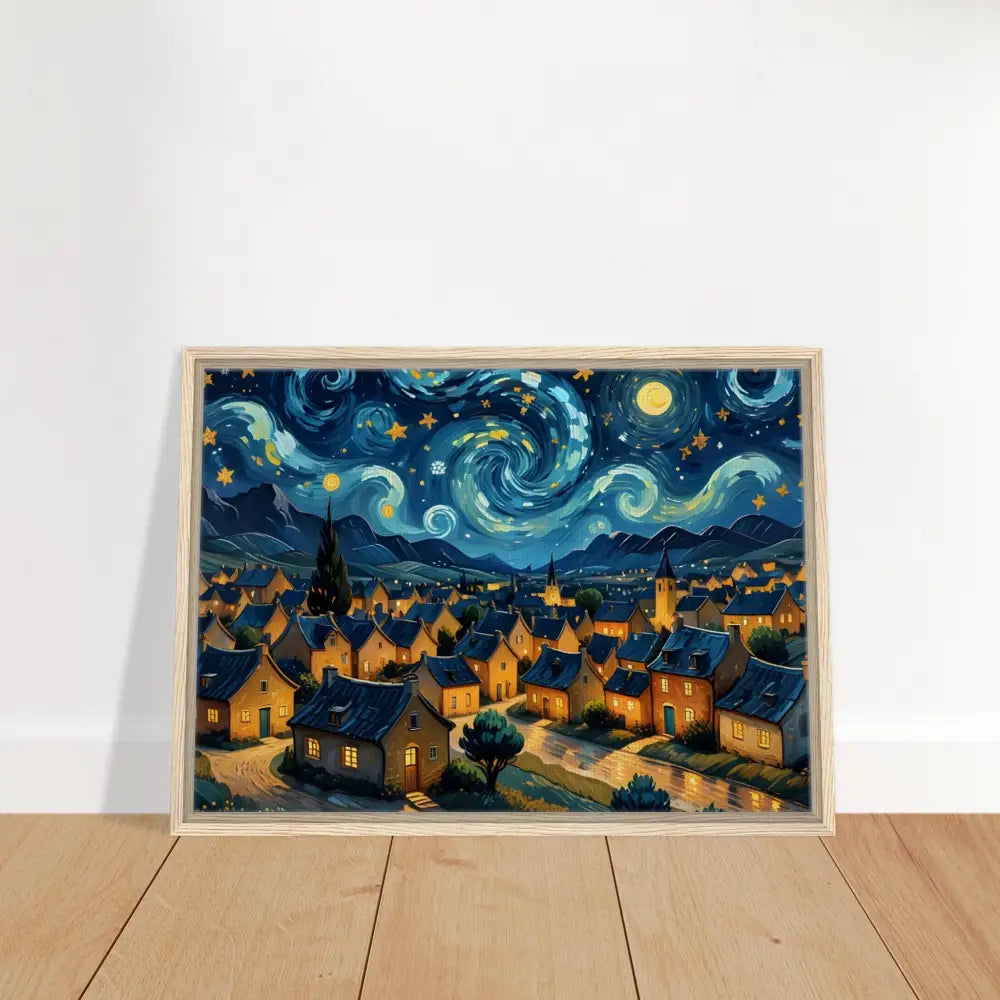 Framed Starry Night Village painting on PixiOnyx Dreamscape Canvas