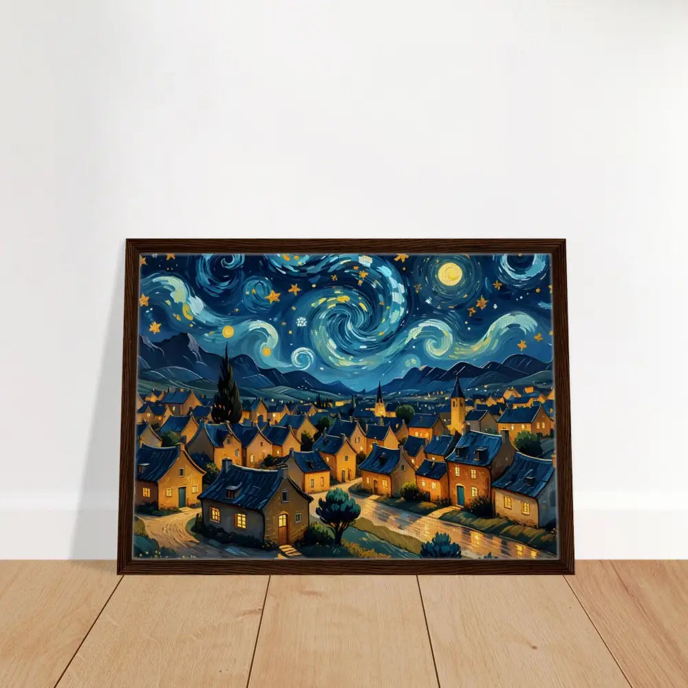 Framed Starry Night inspired artwork displayed in PixiOnyx Dreamscape Canvas product