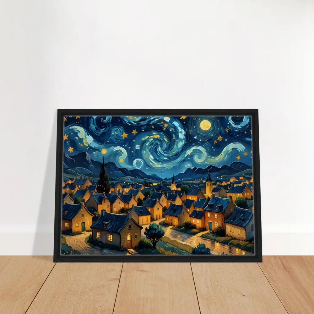 Framed Starry Night inspired artwork on Swirly Sky Village PixiOnyx Dreamscape Canvas