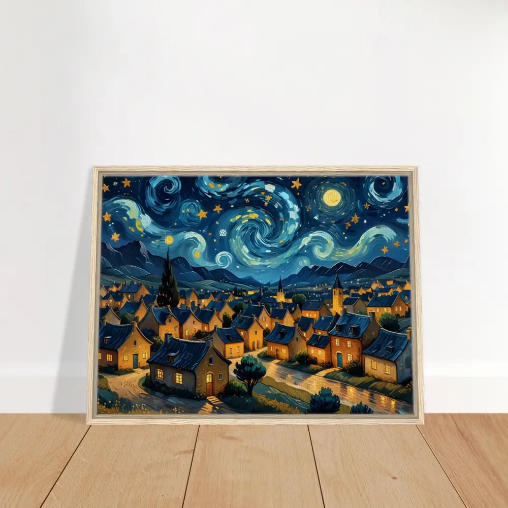 Framed starry night village painting on Swirly Sky Village PixiOnyx Dreamscape Canvas