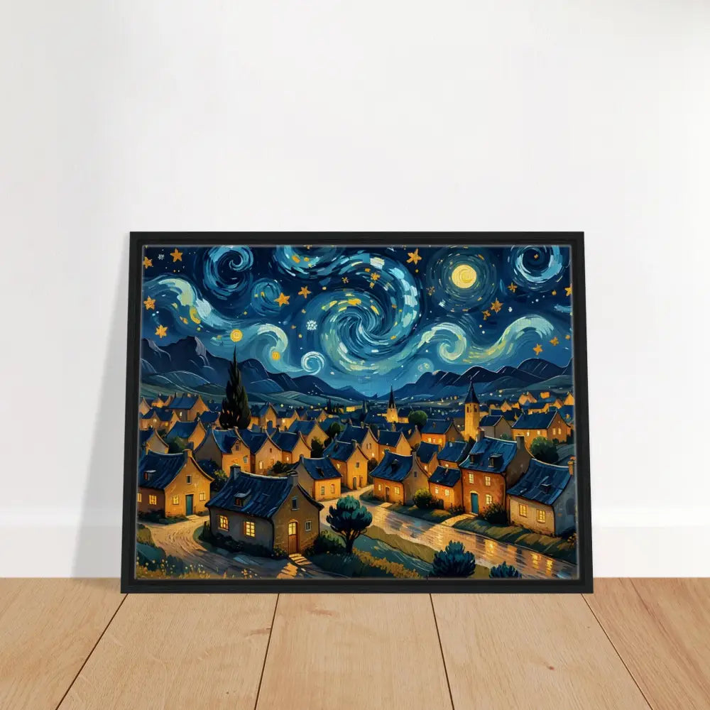 Framed Starry Night inspired artwork on PixiOnyx Dreamscape Canvas in vibrant swirly sky village style