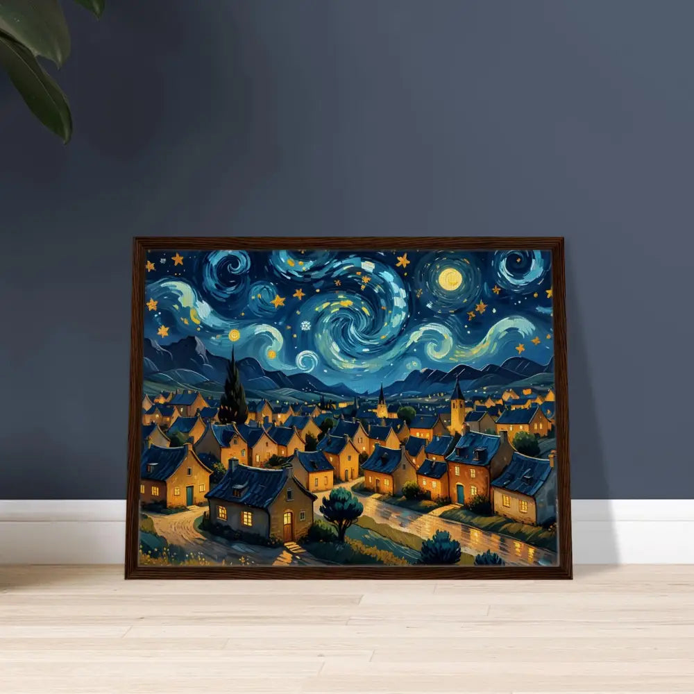 Framed starry night village painting on PixiOnyx Dreamscape Canvas