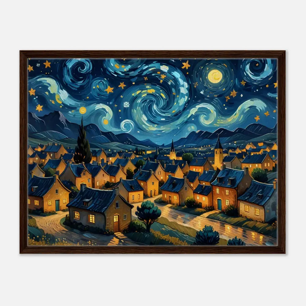 Framed starry night village painting on PixiOnyx Dreamscape Canvas