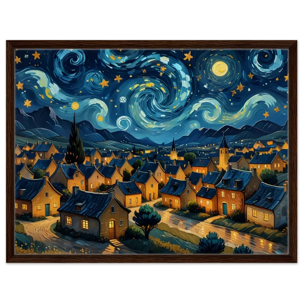 Framed starry night village painting on PixiOnyx Dreamscape Canvas