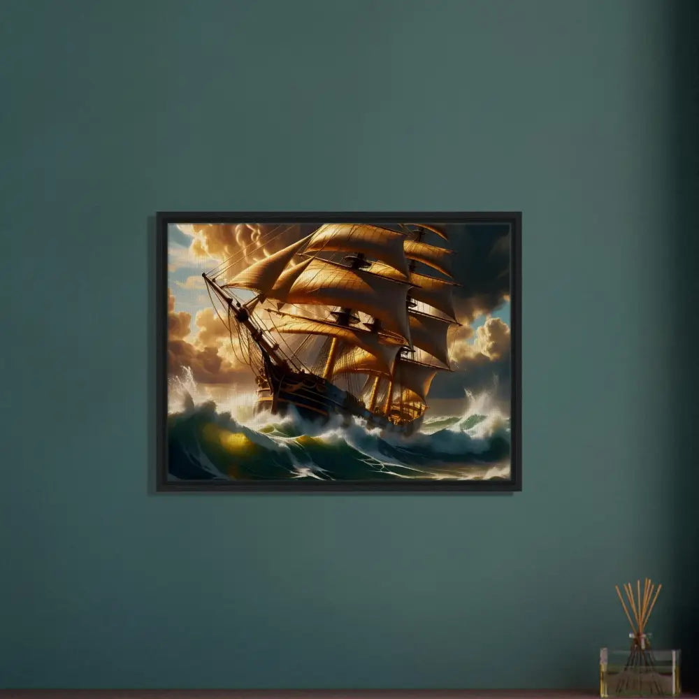 Framed painting of a ship at sea in PixiOnyx Gallery Edition titled Tempestbound Sovereign