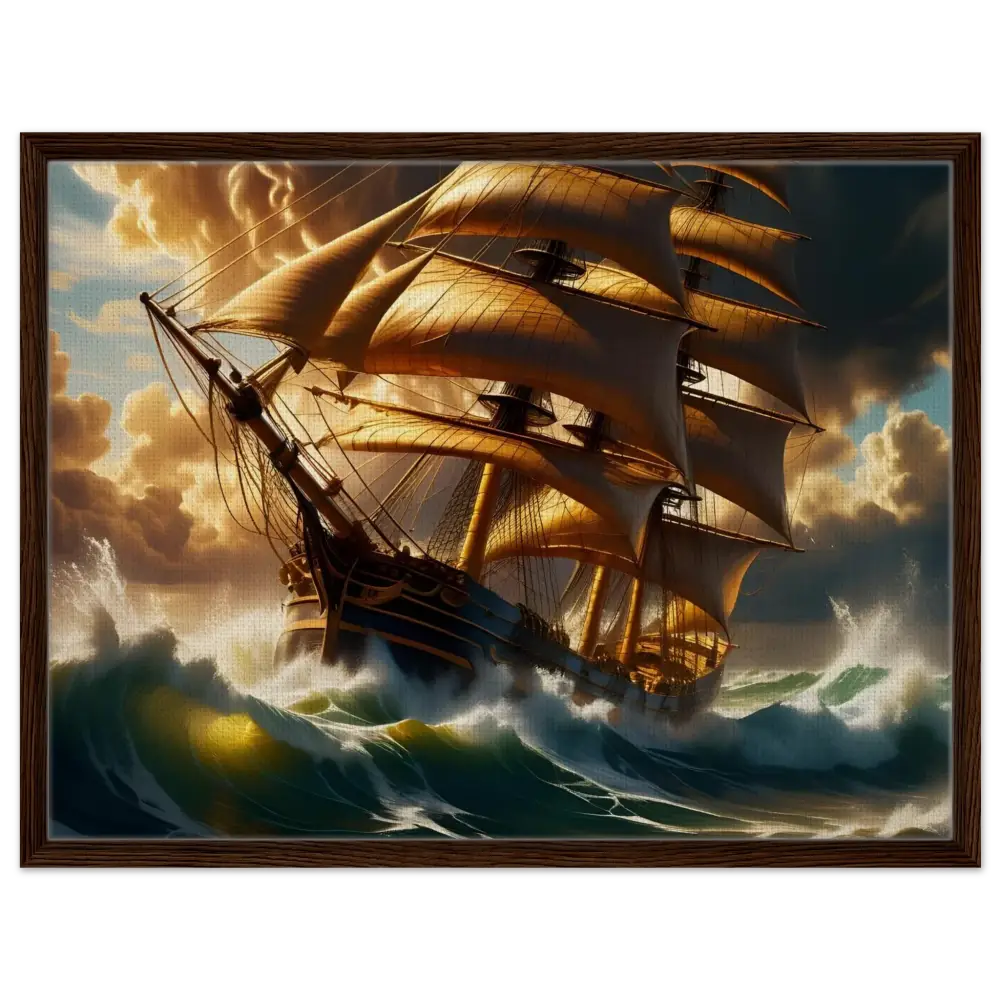 Framed Canvas Tempestbound Sovereign sailing ship painting in stormy seas by PixiOnyx Gallery