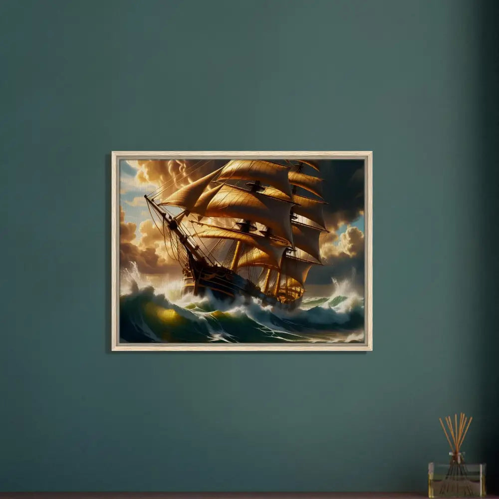 Framed canvas of a ship in stormy seas titled Tempestbound Sovereign at PixiOnyx Gallery
