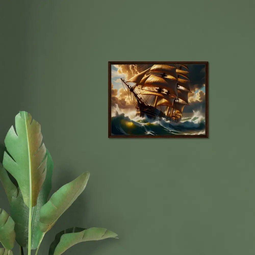 Framed Canvas of a Sailing Ship displayed in Tempestbound Sovereign PixiOnyx Gallery Edition
