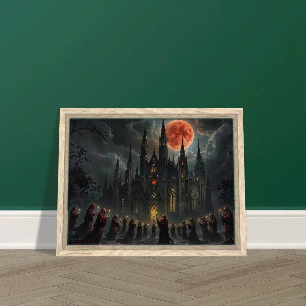 Framed gothic castle painting from PixiOnyx Devotional Gallery titled The Crimson Liturgy