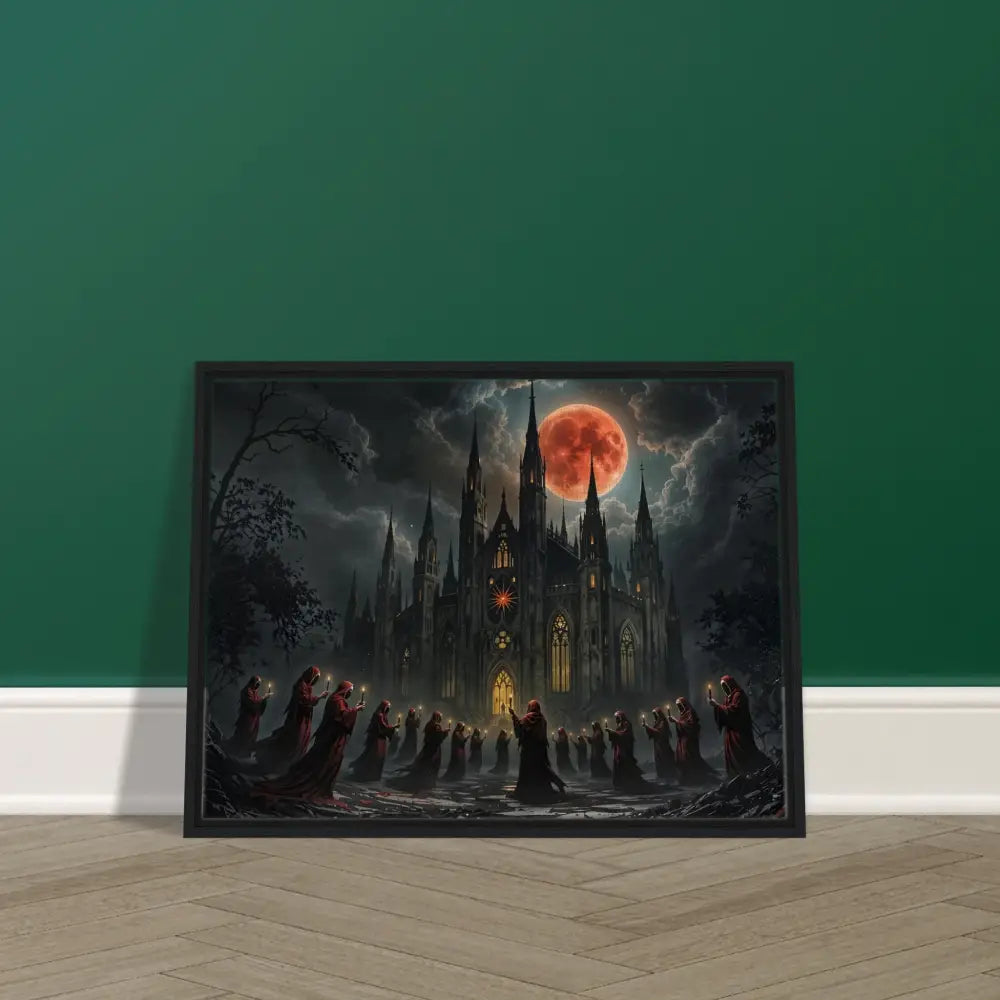 Framed gothic castle painting from PixiOnyx Devotional Gallery titled The Crimson Liturgy