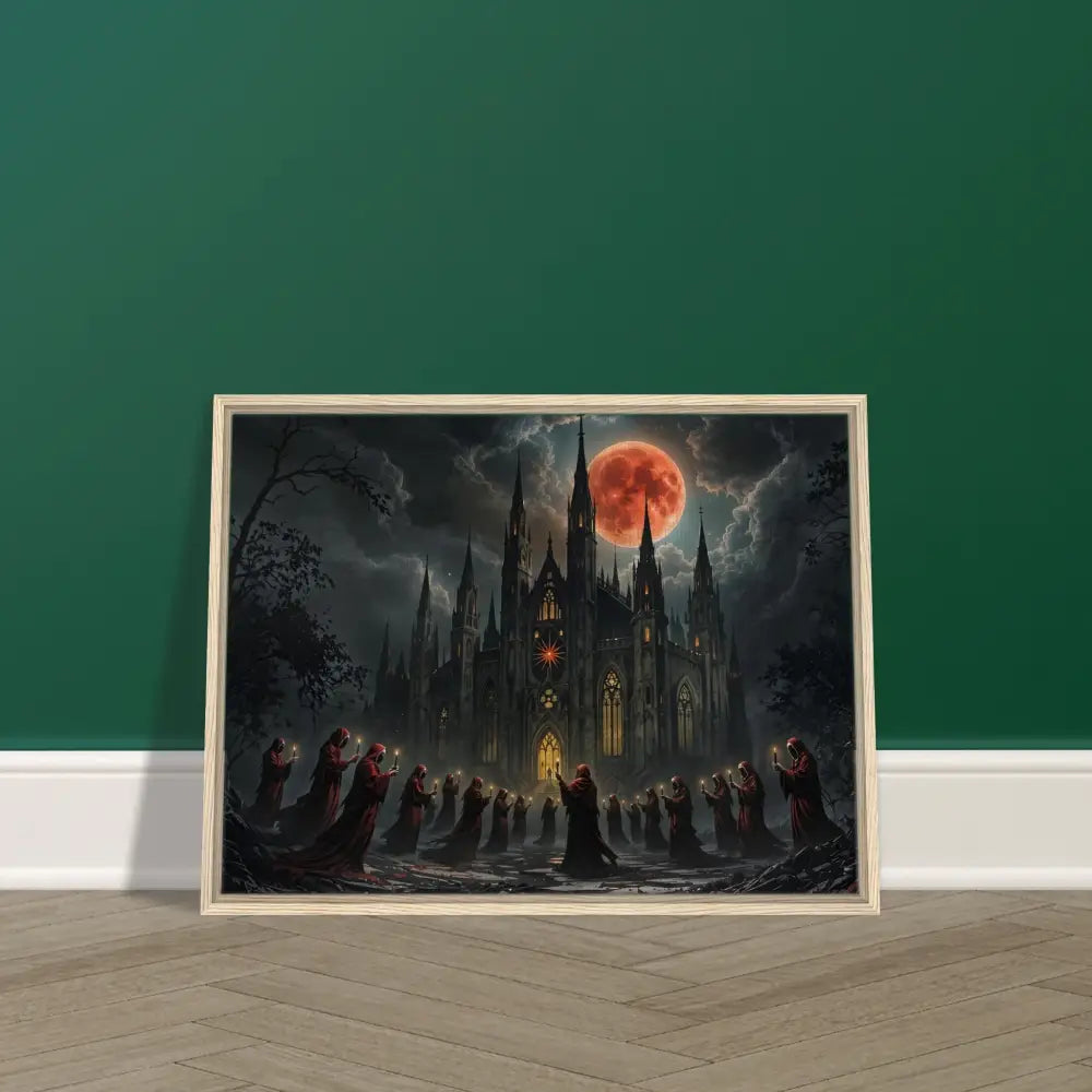 Framed gothic cathedral painting from PixiOnyx Devotional Gallery Piece titled The Crimson Liturgy