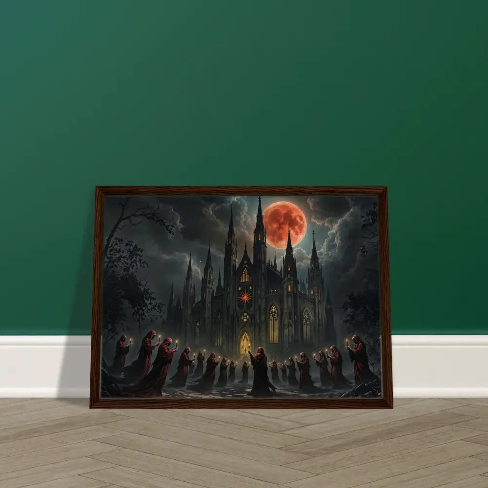 Framed gothic cathedral painting from PixiOnyx Devotional Gallery titled The Crimson Liturgy