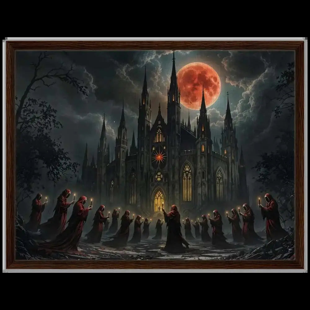 Framed invocation artwork of gothic cathedral under blood-red moon with robed figures in mythic color
